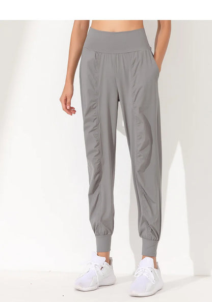 Woman Yoga Pants Hem Bound Running Fitness Loose Slim Quick-Dry Yoga Pants Pleated  Capris Pockets Jogging Pants Sports pants