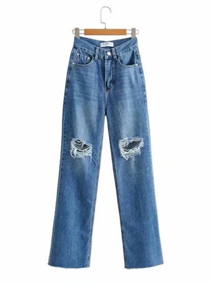 MiuKoMiYa Ripped Jeans For Women 2023 Streetwear Straight Denim Pants High Waist Long Denim Trousers Women Hollow Out Jeans
