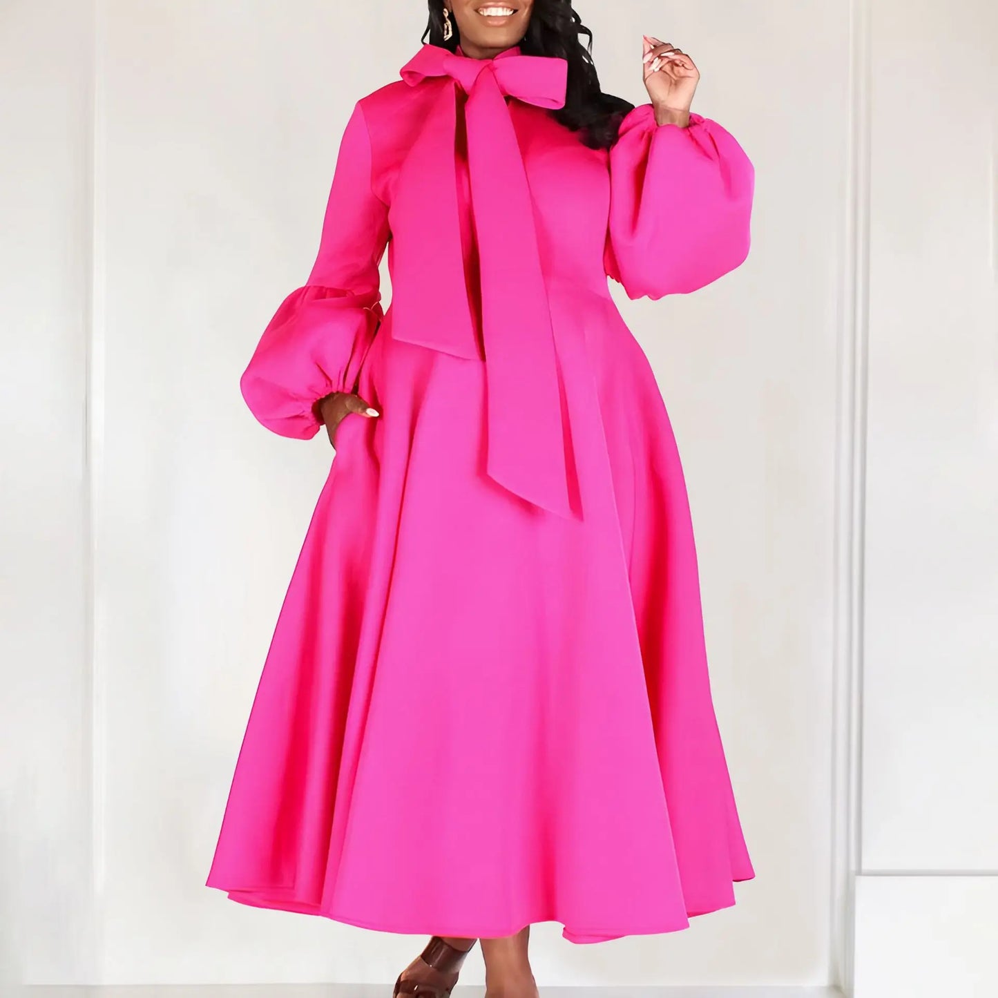 Elegant Dresses for Women Bow Collar Full Sleeve High Waisted A Line Mid Calf Luxury Female Birthday Party Dinner Vestidos Mujer