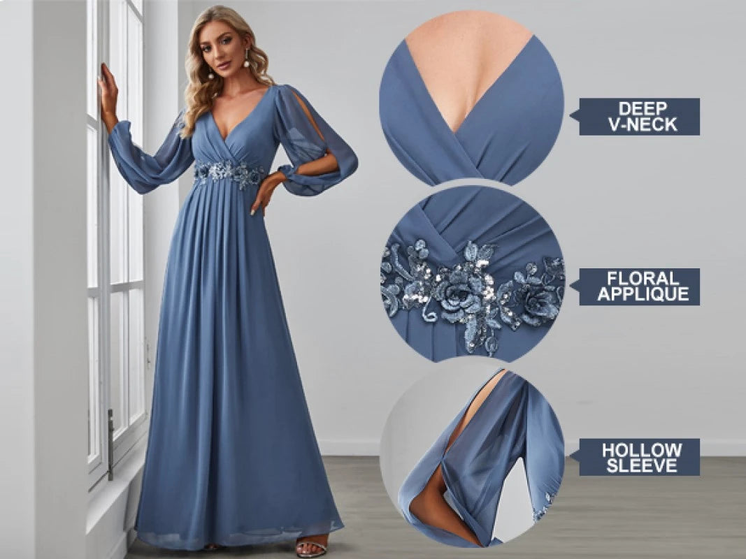 2025 Women Evening Dresses Sexy Deep V-Neck Tulle Full Sleeve Prom Gowns Appliques Empire Pleated A-Line Elegant Bridal Dress