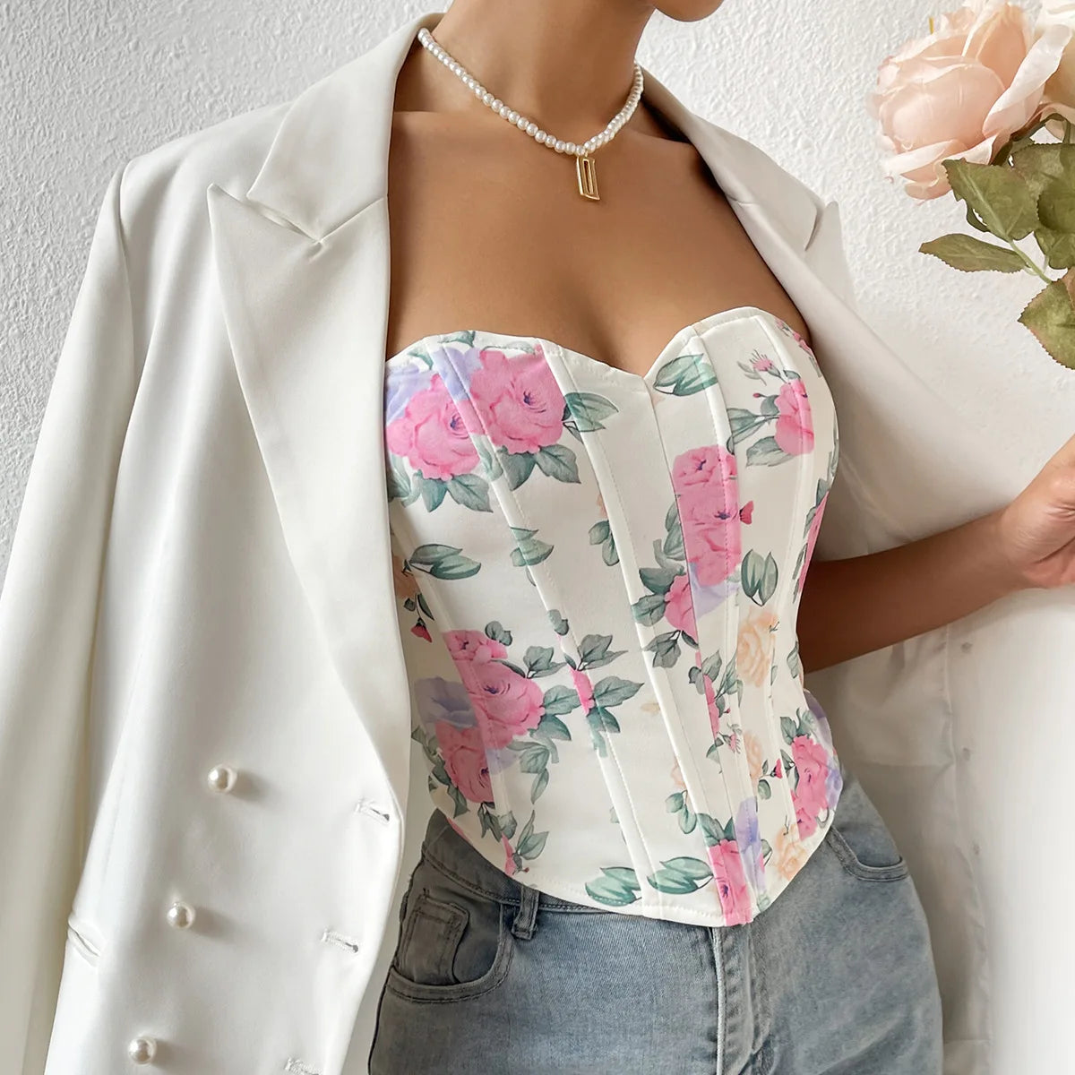 Women Floral Top Sexy Spicy Girl Tank Top Low cut Open Back Flower Wrapped Chest Diamond Fish Bone Strap Waist Vest Tank Top