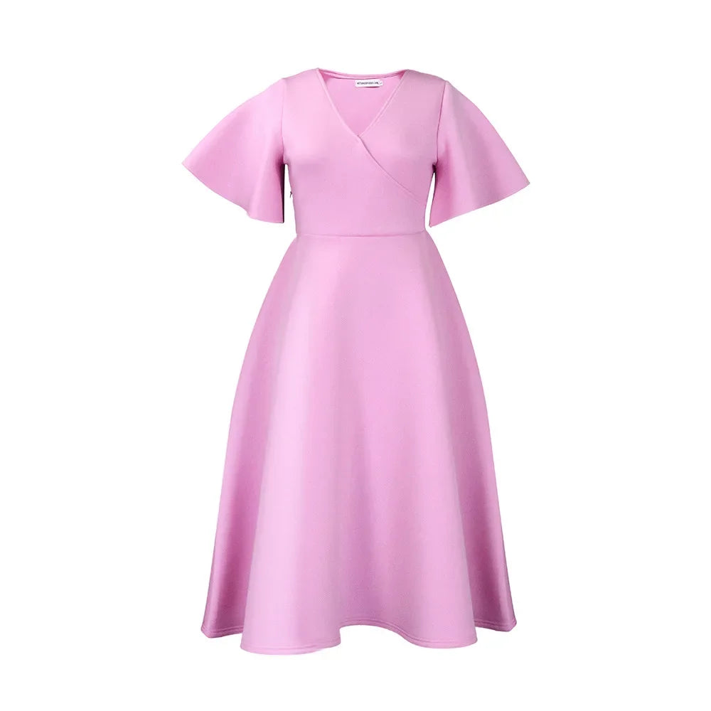 Dress Women Sexy Dresses White Round Neck Flare Sleeve Party Sheath Pleated High Waist Work Elegant Bodycon Mid Length Vestidos