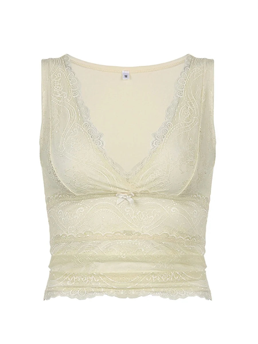 Women Tank Tops with Lace Y2k Cutecore Bow V Neck Skinny Fit Navel Solid Color 2000s Vintage Clothing
