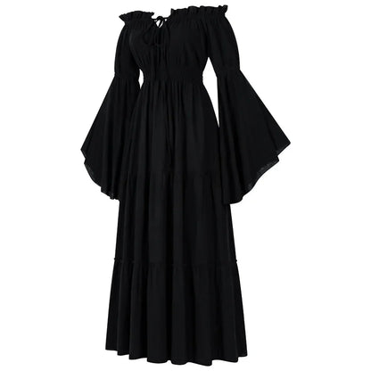 Women Renaissance Irish Dress Off Shoulder Medieval Peasant Dress Pirate Costume Wench Retro Gown Smocked Waist Maxi Long Dress