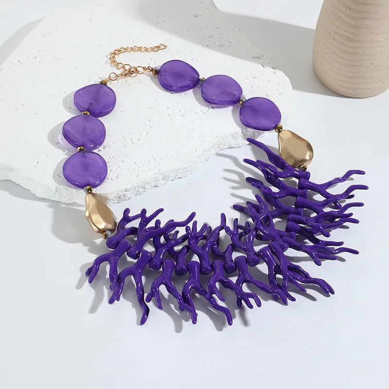 Trendy Vintage Beaded Chain Bohemian Necklaces for Women Big Beads Coralline Pendant Necklace Colorful Bib Jewelry Boho Gifts