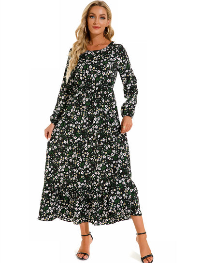 Women Eid Muslim Dresses Tight Waist O Neck Ruffles Spliced Casual Vestidos Flowers Dress Dubai Kaftan Islam Morocco Arab