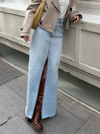 MiuKoMiYa Long Denim Skirts For Women Maxi Spring 2025 Black Front Slit Jean Skirts Womens Long Streetwear Blue Skirt Denim Maxi