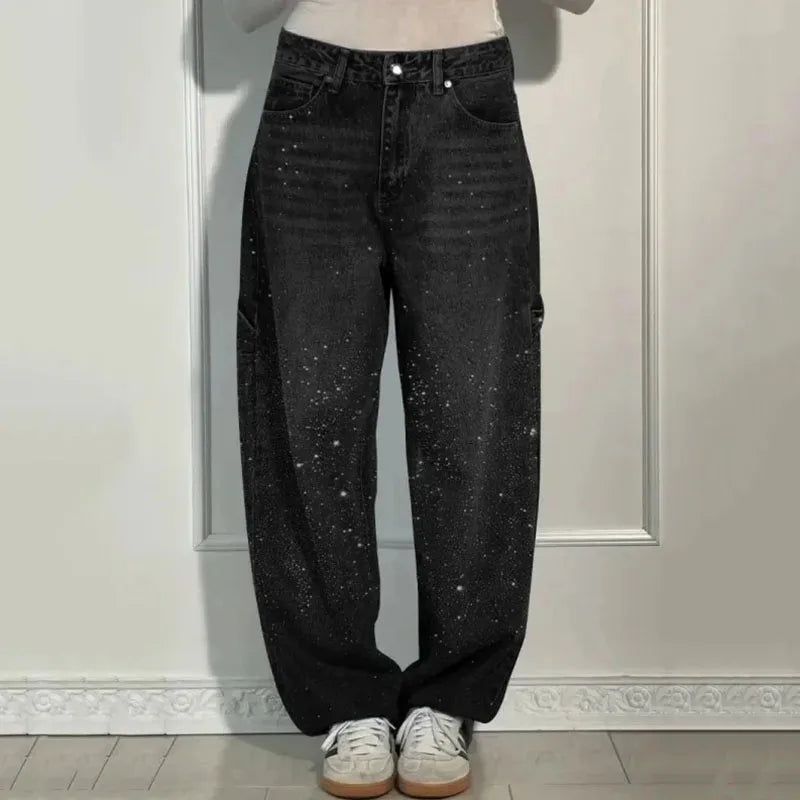 New Women Casual Hot Drilling Jeans Autumn Winter Cowboy Trousers High Waist Button Pockets Fashion Female Loose Straight Pants