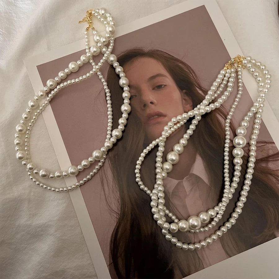 New Trendy Vintage Pearl Multi Layered Pearl Bead Necklace for Women Sweet Elegant Party Jewelry Wedding Gifts