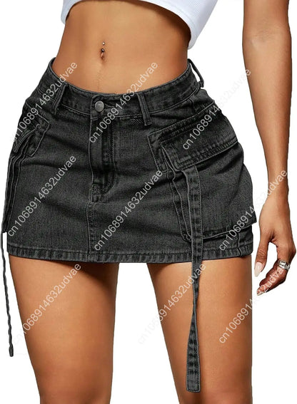 Women Cargo Skirt Denim Mini Low Waist Y2K Jean Skirts with Pockets
