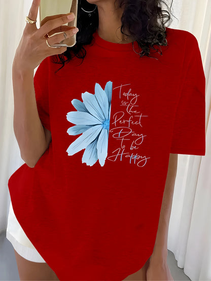 Plus Size Tops Women Clothes Inspirational - style Black T - shirt with Flower Motif Print ，Soft And Comfortable，Summer Outfits