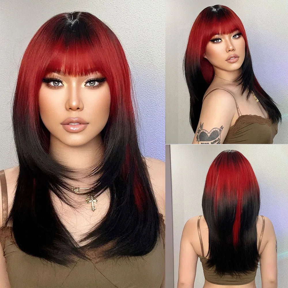 HENRY MARGU Burgundy Long Wavy Wigs Wine Red Wig with Bangs for Women Daily Synthetic Hair Cosplay Wig Heat Resistant Fiber