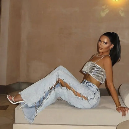 Women Denim Long Jeans with Drill Chains Straight Wide-leg Jeans High Waist Ripped Jeans for Women Summer Thin Side Slit Pants