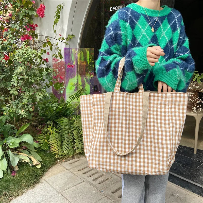 Women Canvas Shoulder Bags Plaid Double-side Large Capacity Handbags Female Shopping Portable Lazy All-match Foldable Tote Bag