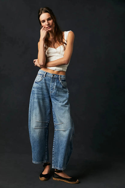 Cotton Denim Long Jeans For Women Trousers Casual  High Waisted Jeans Cropped Pants For Spring Summer Boho Beach Baggy Jeans