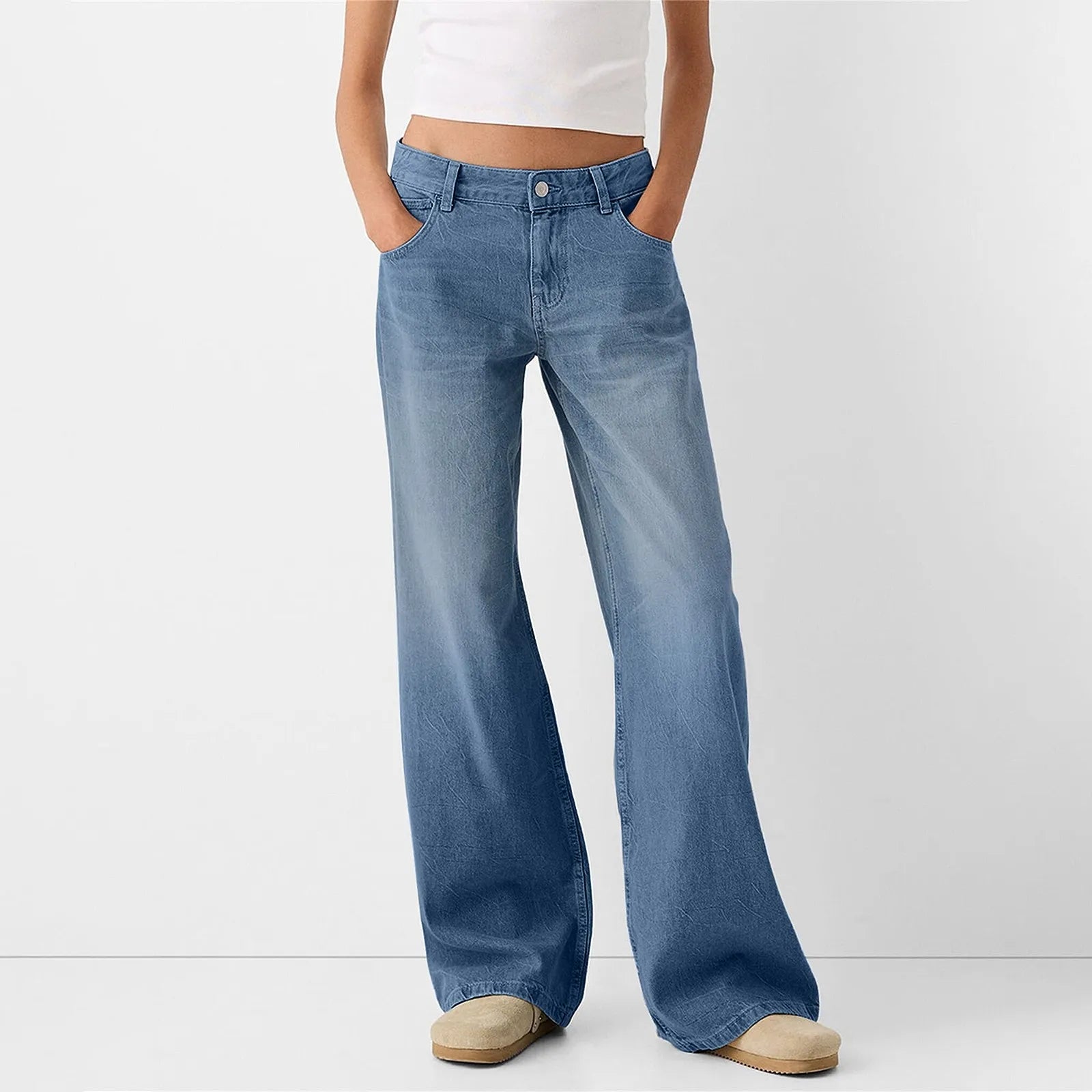 Women Fashion Denim Jeans Retro Ladies Loose Straight Pants Mid Waist Button Pocket Trousers Casual De Mujer Pantalon Femme