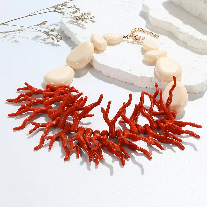 Trendy Vintage Beaded Chain Bohemian Necklaces for Women Big Beads Coralline Pendant Necklace Colorful Bib Jewelry Boho Gifts
