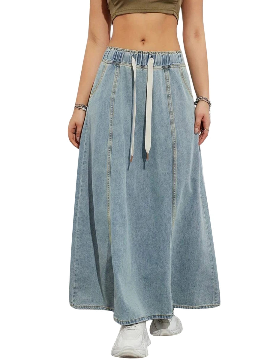 Harajuku Denim Skirt y2k Aesthetic Elastic Drawstring High Waist A Line Flare Jean Skirt Ladies Vintage Skirts Streetwear