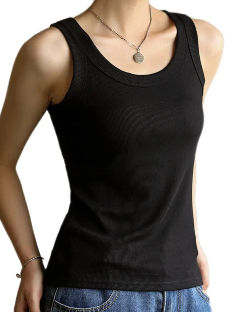 Women Square Collar Wide Straps Fitness Sexy Knitted Tank Top Camisole Solid Color Breathable Cool Vest Summer Trend Tops Female