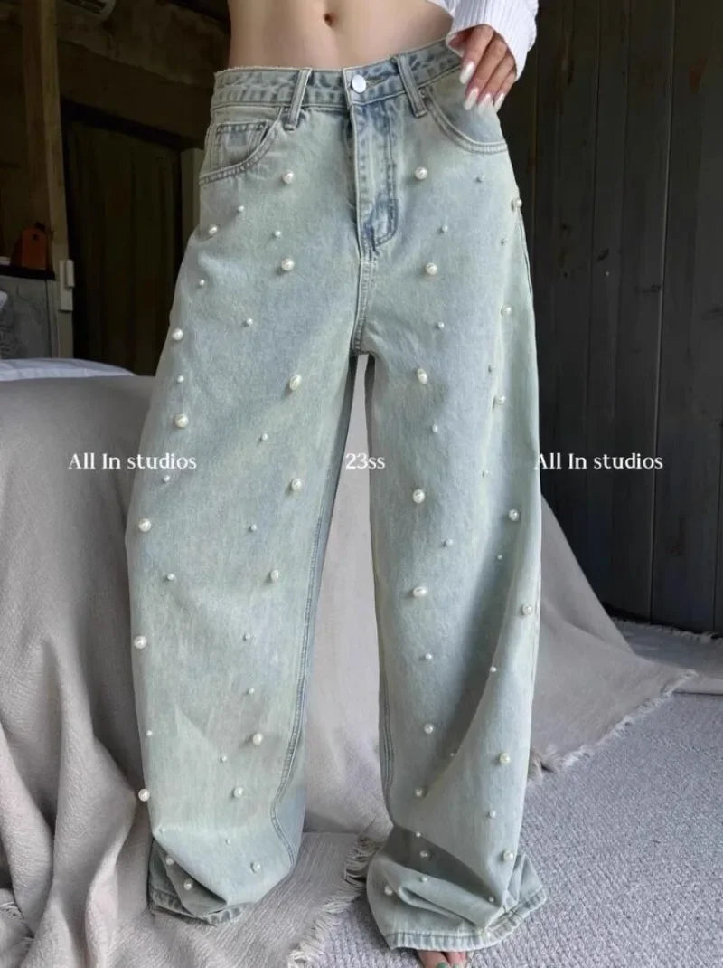Korean Fashion Jeans for Women 2024Spring New Heavy Industry Beads Retro Washed High Waisted Jeans Wide Leg Mopping Pants Women