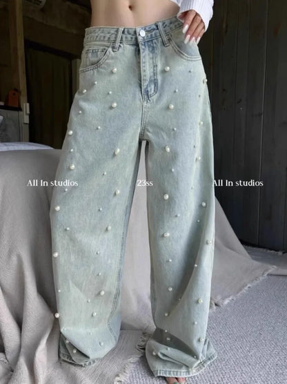 Korean Fashion Jeans for Women 2024Spring New Heavy Industry Beads Retro Washed High Waisted Jeans Wide Leg Mopping Pants Women