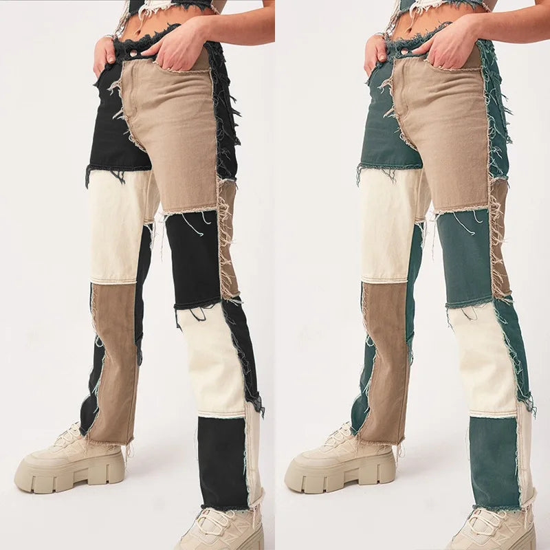 2025 Hot Sale Mixed Color Patchwork Jeans For Women Fashion High Stretch Denim Straight Pants Street Hipster Trousers XS-2XL