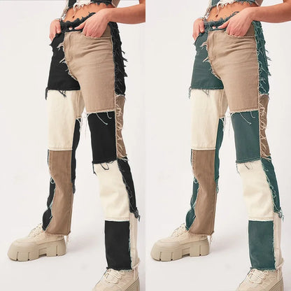2025 Hot Sale Mixed Color Patchwork Jeans For Women Fashion High Stretch Denim Straight Pants Street Hipster Trousers XS-2XL