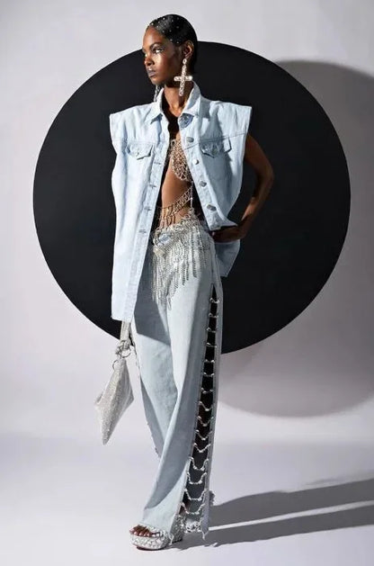 Women Denim Long Jeans with Drill Chains Straight Wide-leg Jeans High Waist Ripped Jeans for Women Summer Thin Side Slit Pants