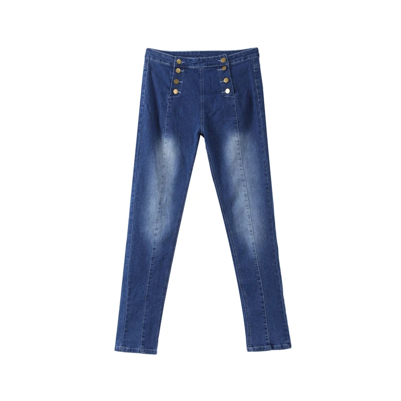 Sexy Stretchy Jeans Women High-waisted Double Breasted Slim Denim Pants Elastic Waist Female Fashion Tight Skinny Denim Trousers