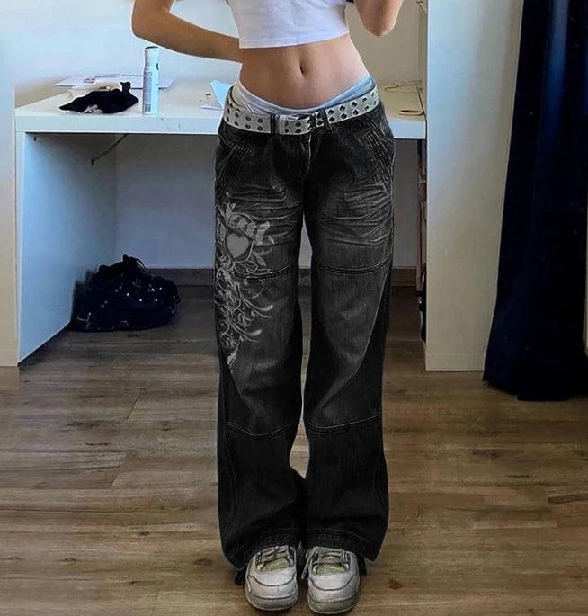 Women's Denim Trousers 2025 Autumn Winter Latest Irregular Print Loose Pants Low Waist Pleats Washed Worn Multi Colored Jeans