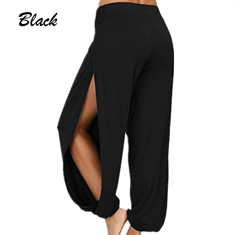 Women Sports Yoga Pants Summer High Slit Haren Pants Solid Loose Hippie Harem Wide Leg Pants Trousers