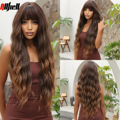 Long Wavy Wine Red Synthetic Wigs Natural Wave Afro Wigs With Bangs for Black Women Cosplay Costume Wig Heat Resistant Fiber