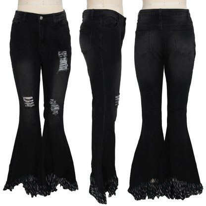 Jeans Women Long Pants Flare Pant Slim Fit Bodycon Y2k Streetwear Casual Elegant Splice Denim Trousers Solid Hole High Waist