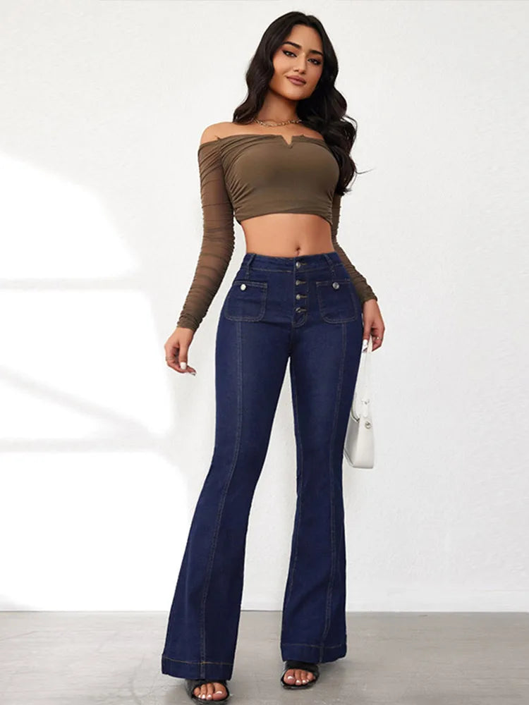 Elegant Single Breasted Women's Denim Flare Pants Retro High Waist High Package Slim Commute Jeans 2025 New Chic Ladies Trousers