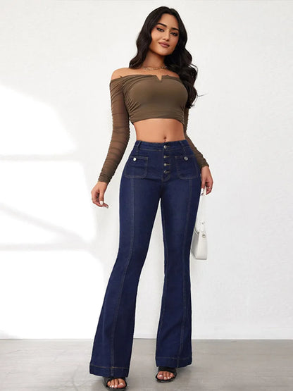 Elegant Single Breasted Women's Denim Flare Pants Retro High Waist High Package Slim Commute Jeans 2025 New Chic Ladies Trousers