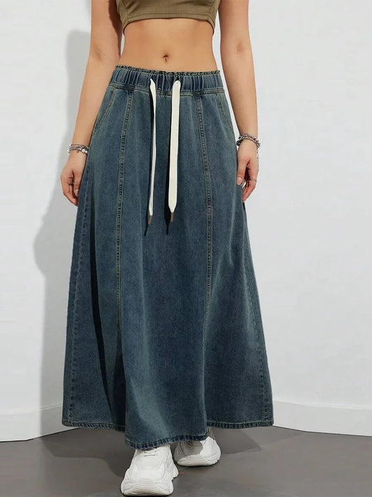 Harajuku Denim Skirt y2k Aesthetic Elastic Drawstring High Waist A Line Flare Jean Skirt Ladies Vintage Skirts Streetwear