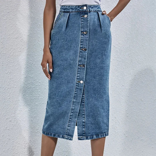 Women Streetwear Casual Pocket High Waist Straight Jean Skirts New Single Breasted Knee All-match Length Denim Skirt Female