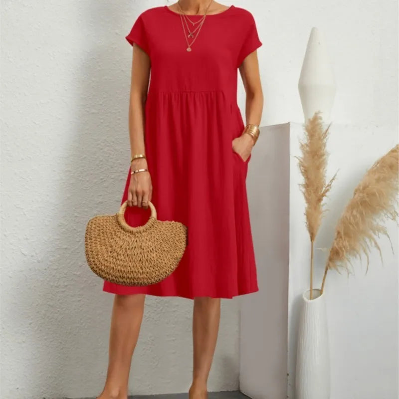 Women's Dresses 2025 Summer Fashion Casual Dresses Women Loose Mid Length Over Knee Dress New Short Sleeve Solid Dress Woman