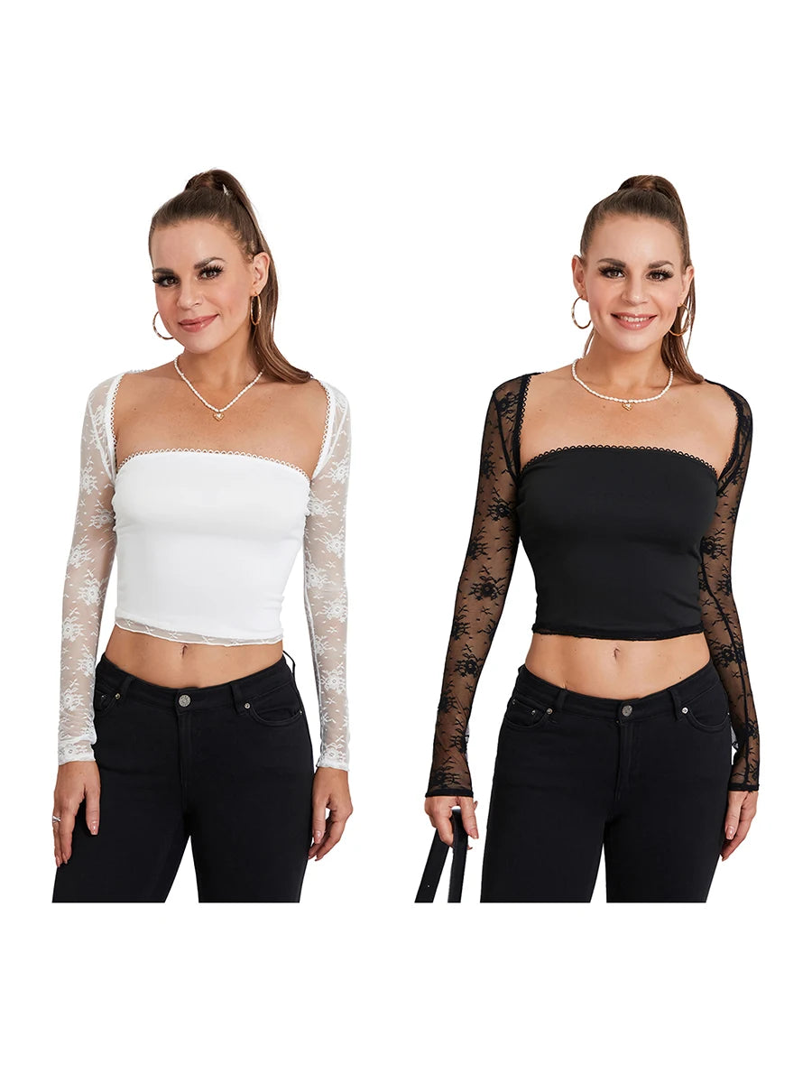 Women Summer 2 Piece Outfits Long Sleeve Lace Shrug Tops and Solid Color Bandeau Tube Tops Sets for Streetwear Club Y2K 2000s