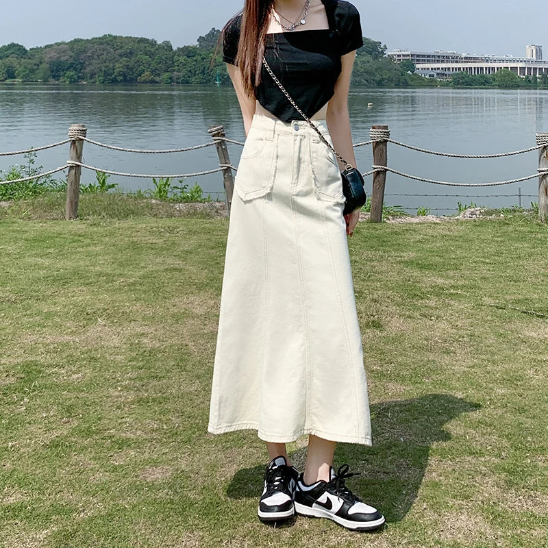 Apricot Denim Skirt Summer Women's 2024 New High Waist Slim Fashion Design Pocket Hip A-line Ankle-length Jean Skirt