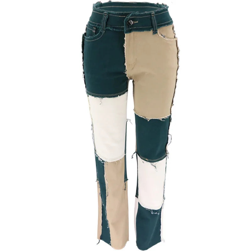 2025 Hot Sale Mixed Color Patchwork Jeans For Women Fashion High Stretch Denim Straight Pants Street Hipster Trousers XS-2XL