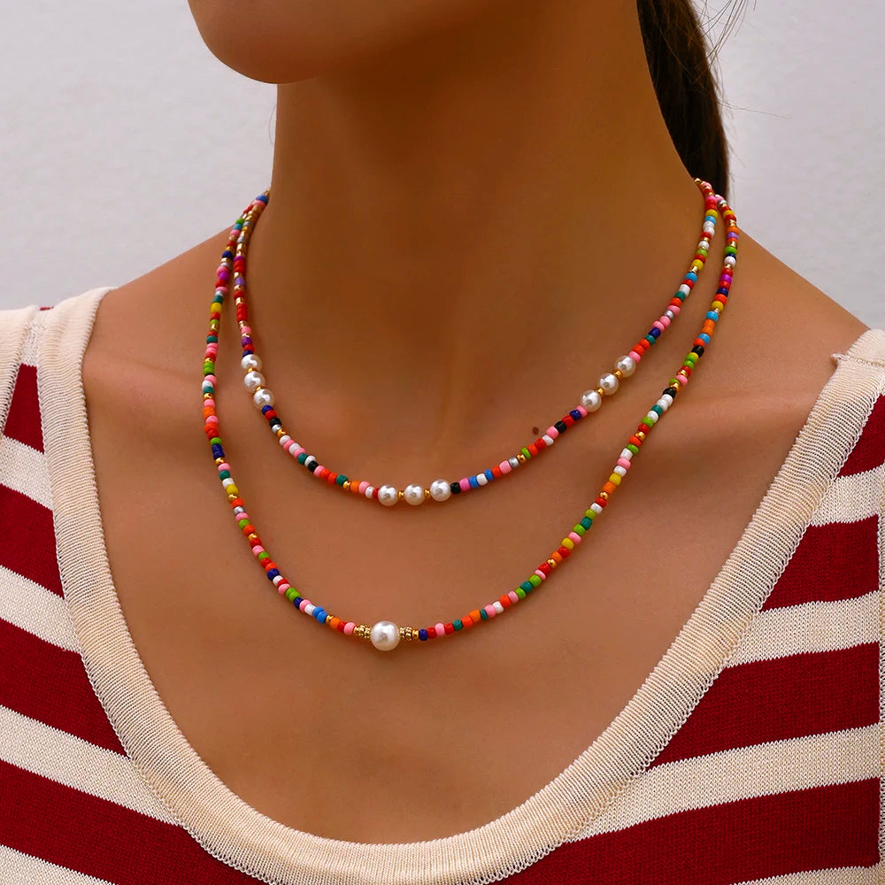Bohemian Handmade Colorful Beads Chain Fashion Necklaces Tassels Pearl Pendant Jewelry For Women Accessories N0368
