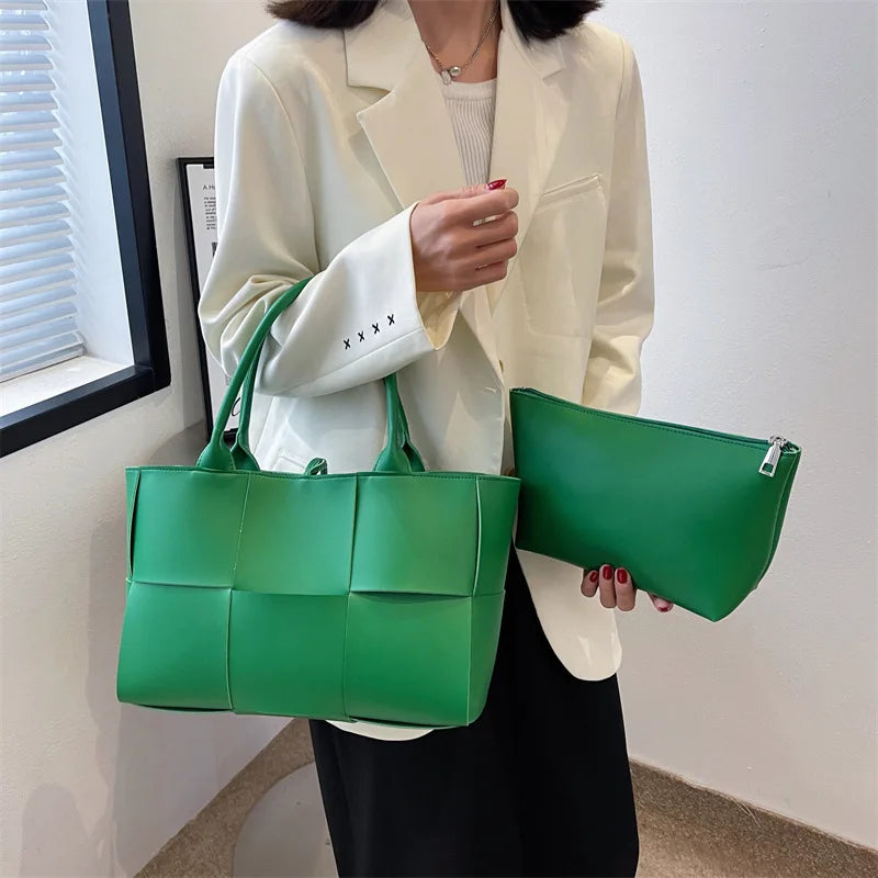 Large Capacity Handbags for Women 2022 Fashion Leather Woven Tote Bags Designer Solid Color Lacing Plaid PU Shoulder Bags