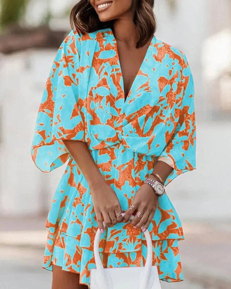 Women Dresses Fashion Vacation Sundress Women's Bat Sleeve Ruffles Dresses Summer Irregular Mini Dress