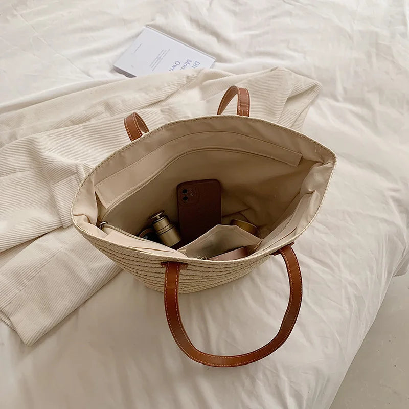 Women Braided Basket Clutches Top-handle Bag Large Straw Portable Shoulder Bag Summer Beach Party Purses Shopper Satchel Female