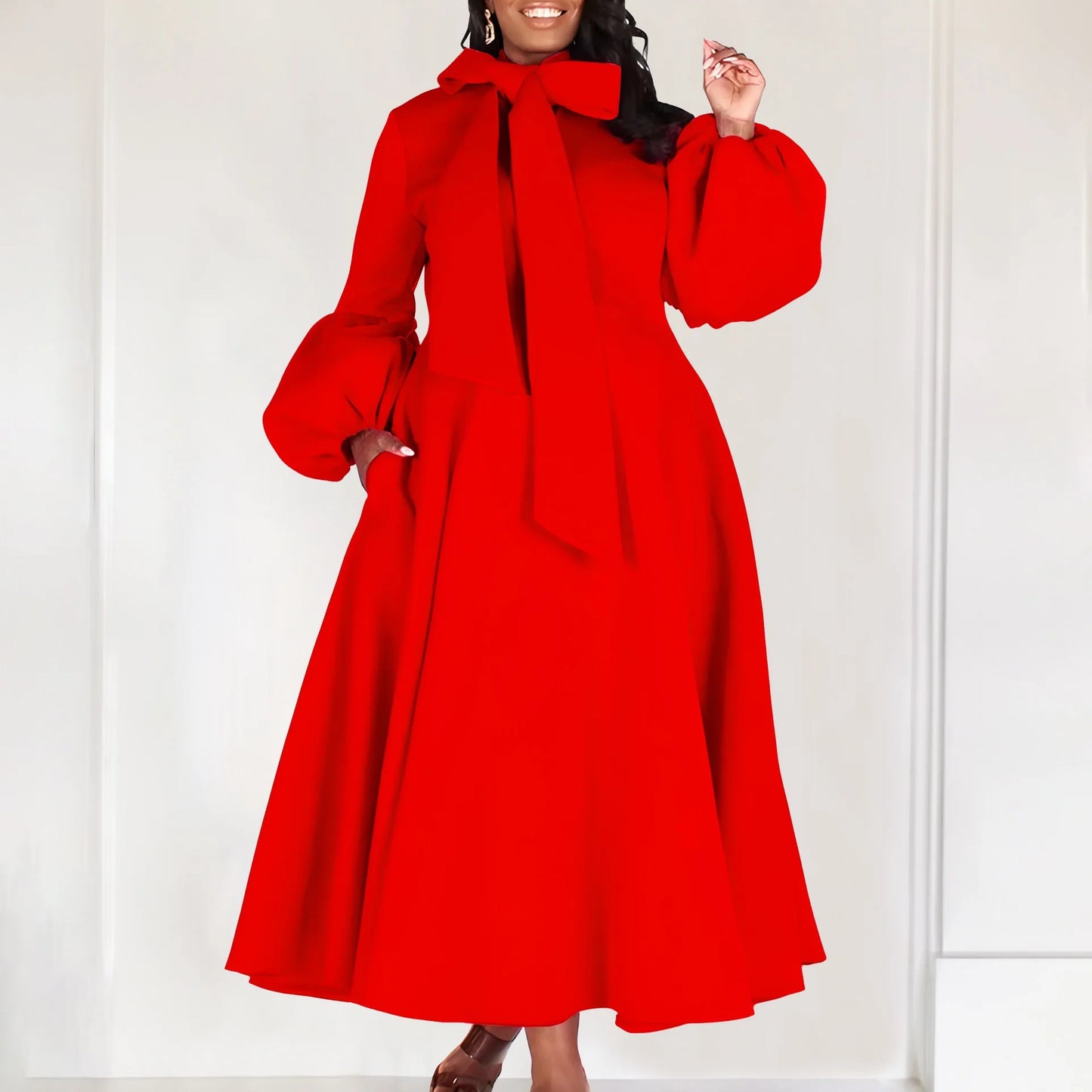 Elegant Dresses for Women Bow Collar Full Sleeve High Waisted A Line Mid Calf Luxury Female Birthday Party Dinner Vestidos Mujer