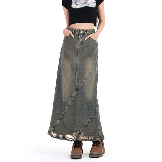Women Denim Skirt Y2k Emo 2000s Clothes Long Skirt Harajuku Korean 90s Fashion Vintage Gradient A-line Jean Skirt Grunge Clothes