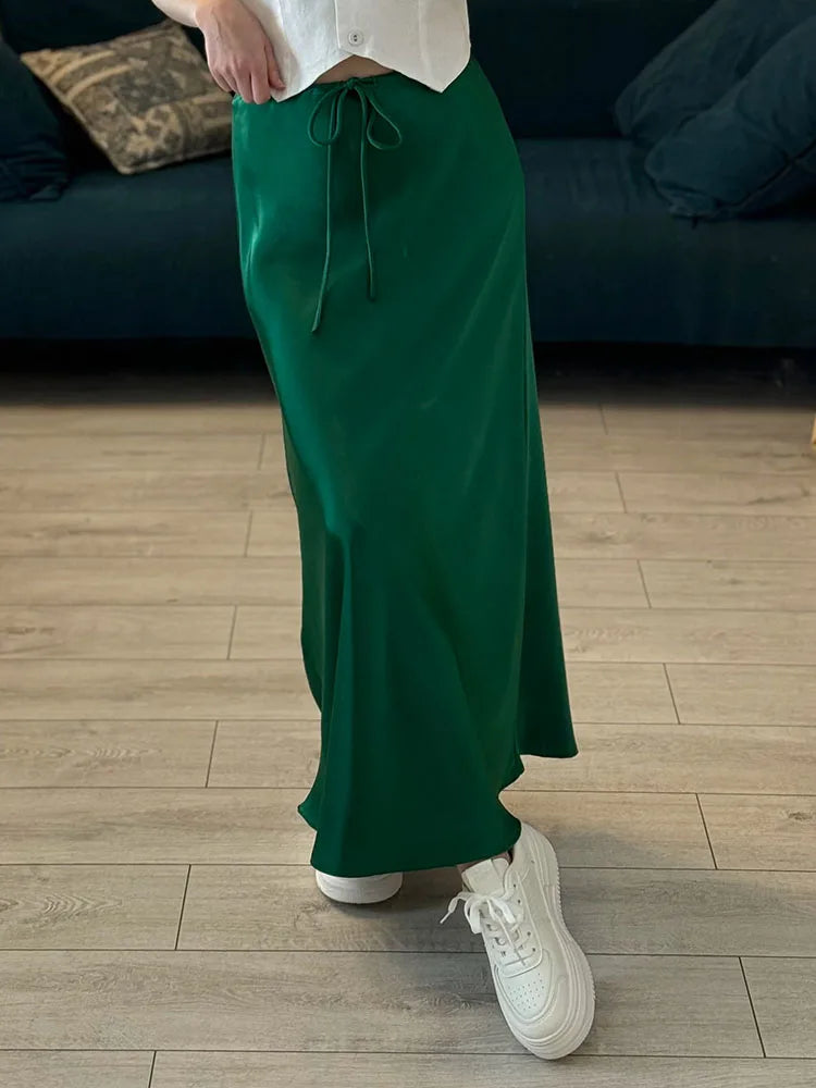 Long Black Satin Skirts Women For Work Summer Autumn Straight Brown Skirt Long Belt Coffee Formal Silk Maxi Skirt For Ladies