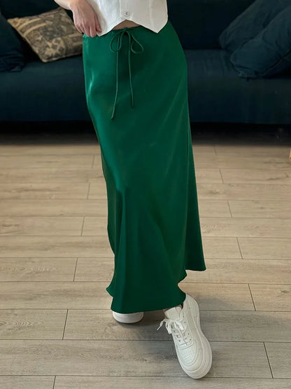Long Black Satin Skirts Women For Work Summer Autumn Straight Brown Skirt Long Belt Coffee Formal Silk Maxi Skirt For Ladies
