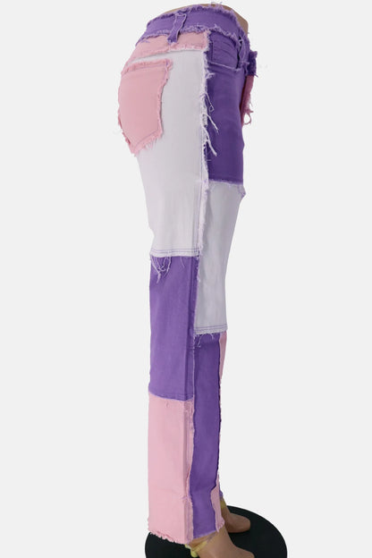 2025 Hot Sale Mixed Color Patchwork Jeans For Women Fashion High Stretch Denim Straight Pants Street Hipster Trousers XS-2XL